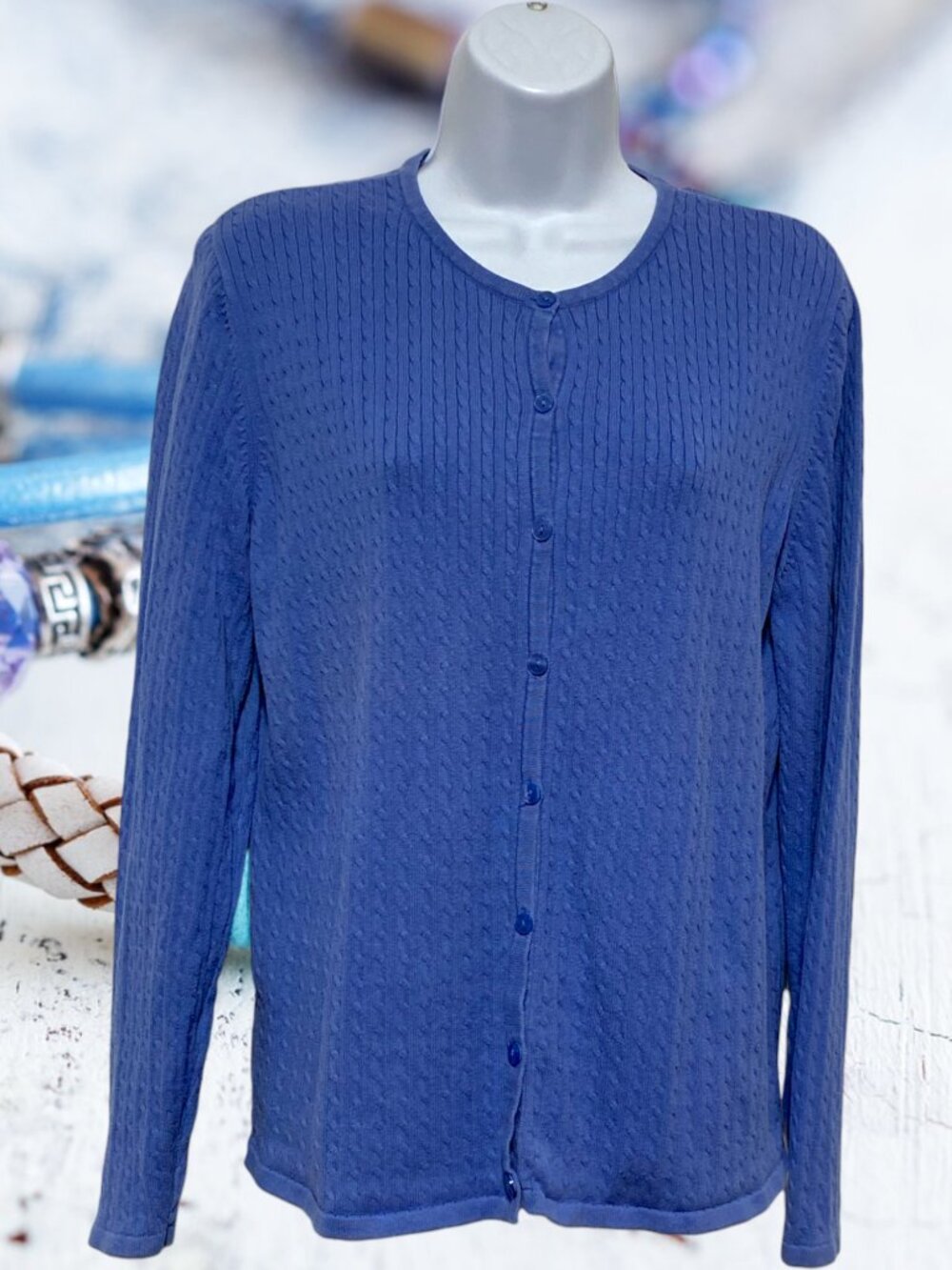 Karen Scott-Women's Medium Blue Sweater Long Sleeve Button Down-Cotton